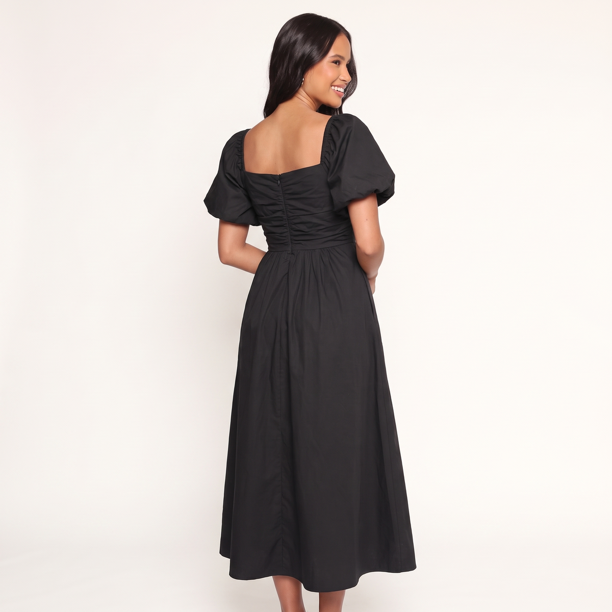 Clémence Square Neck Puff Sleeve Midi Dress – Black – back view