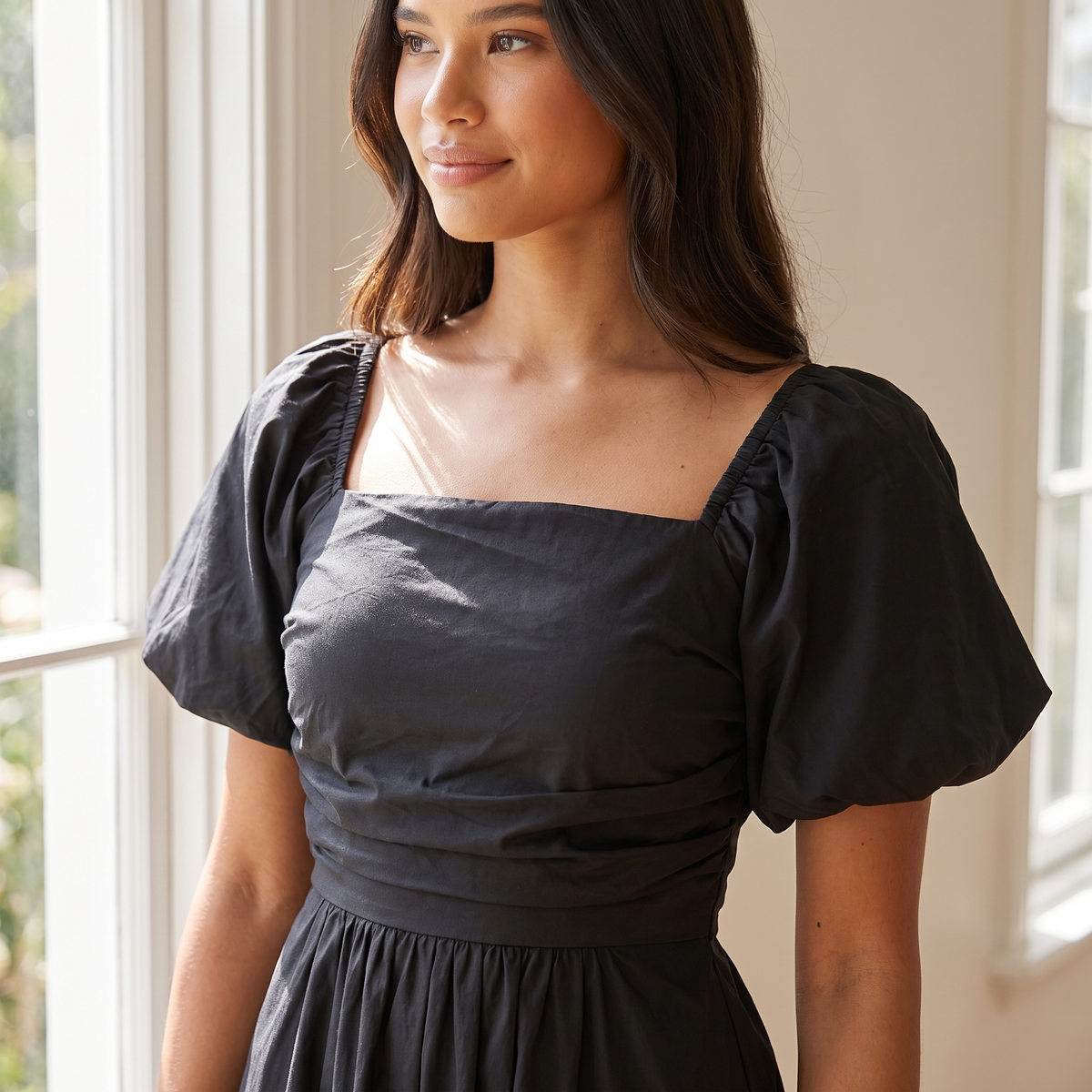 Clémence Square Neck Puff Sleeve Midi Dress – Black – detail