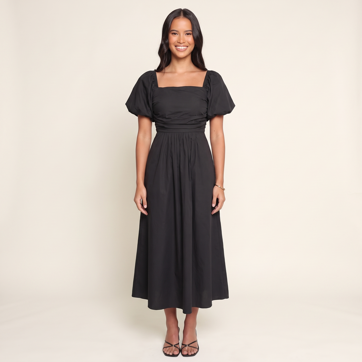 Clémence Square Neck Puff Sleeve Midi Dress – Black – front view