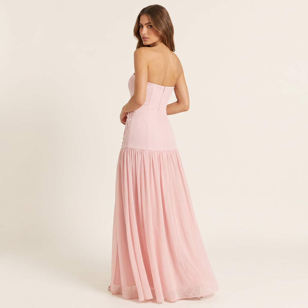 Clementine Peplum Bodice Strapless Maxi Dress – Pink – back view