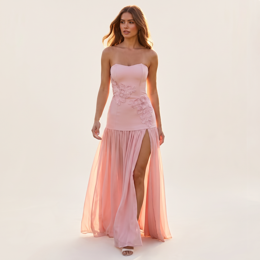 Clementine Peplum Bodice Strapless Maxi Dress – Pink – front view