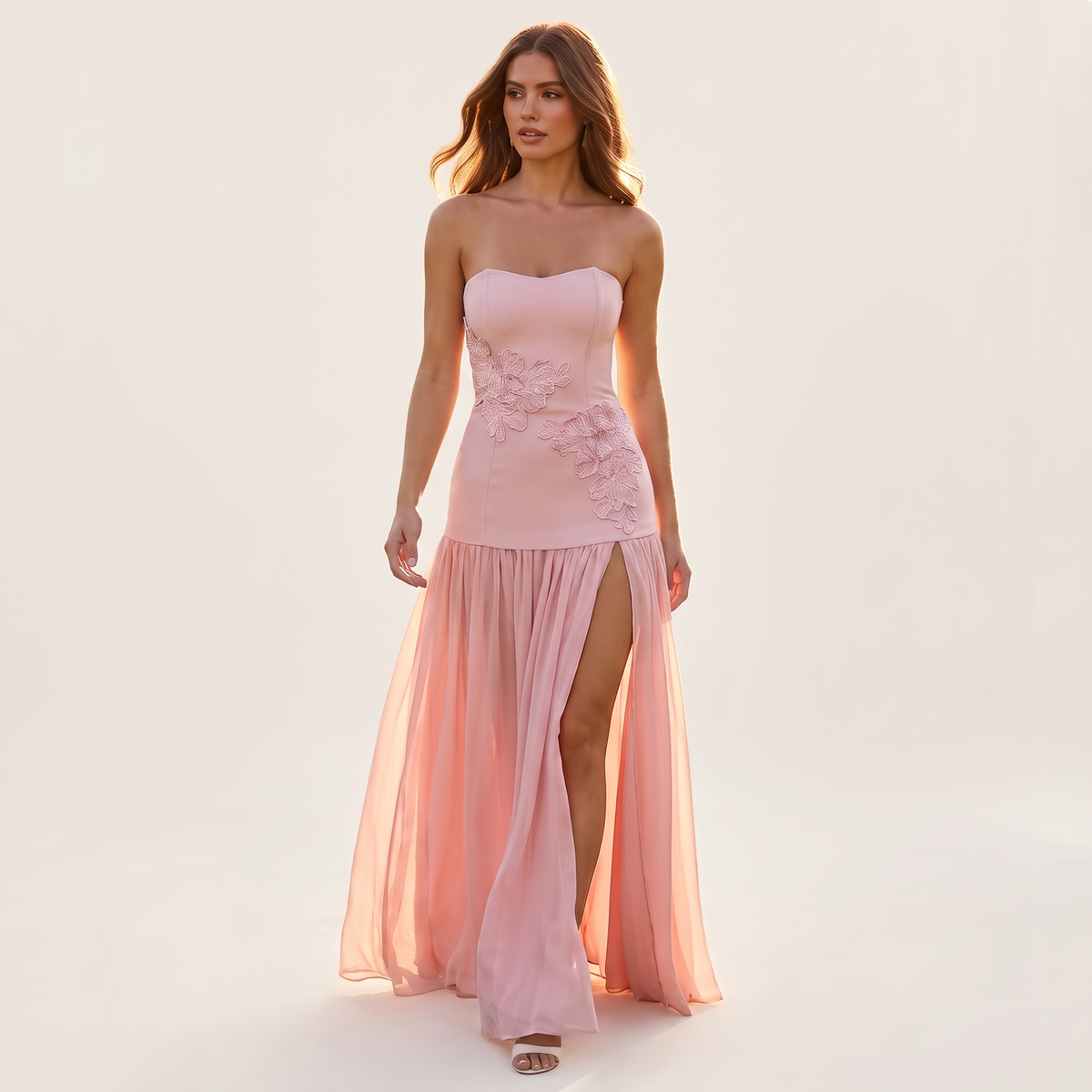 Clementine Peplum Bodice Strapless Maxi Dress – Pink – front view