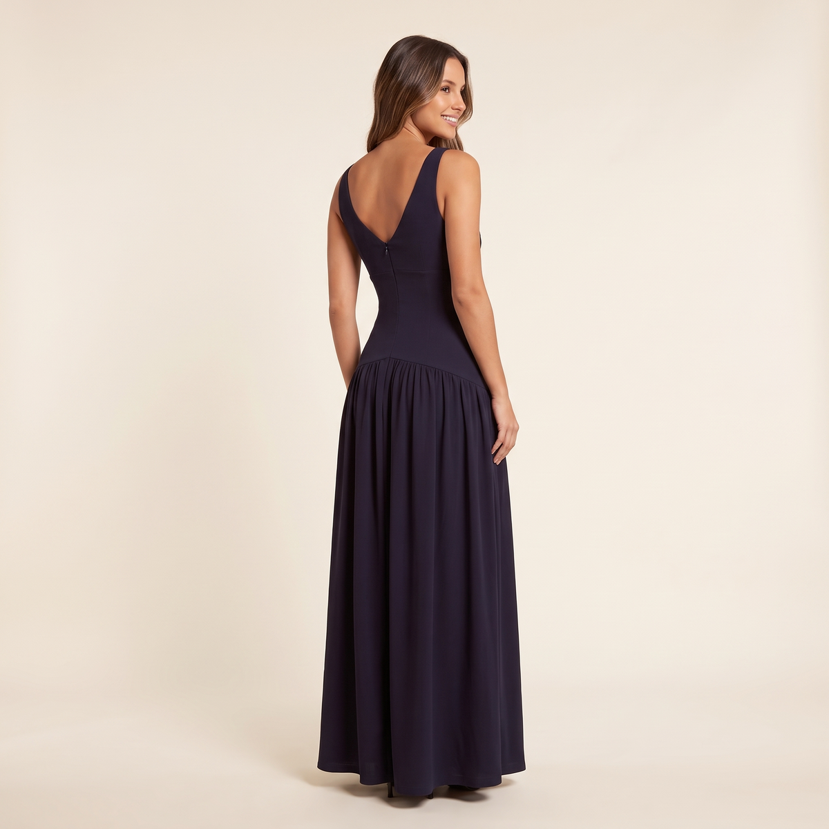 Delia Drop Waist Crepe Maxi Dress – Navy – back view