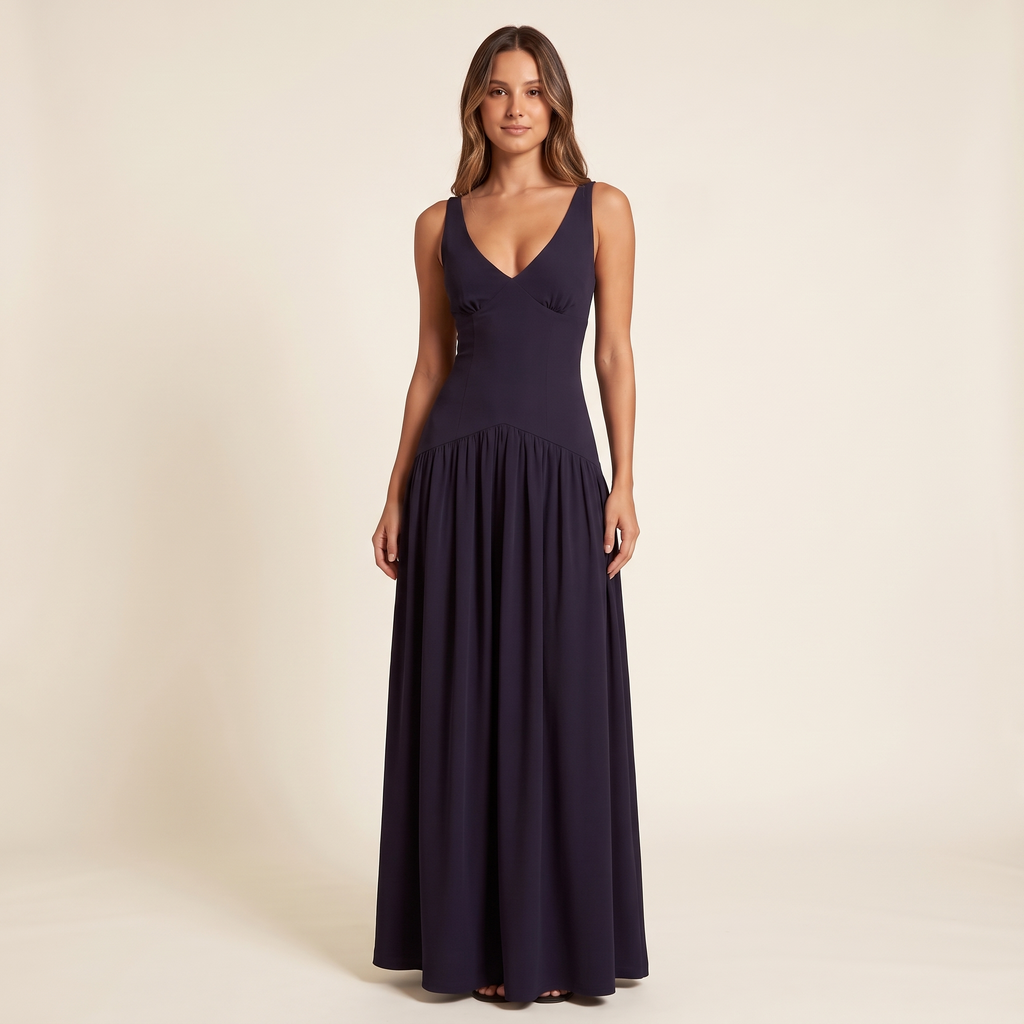 Delia Drop Waist Crepe Maxi Dress – Navy – front view