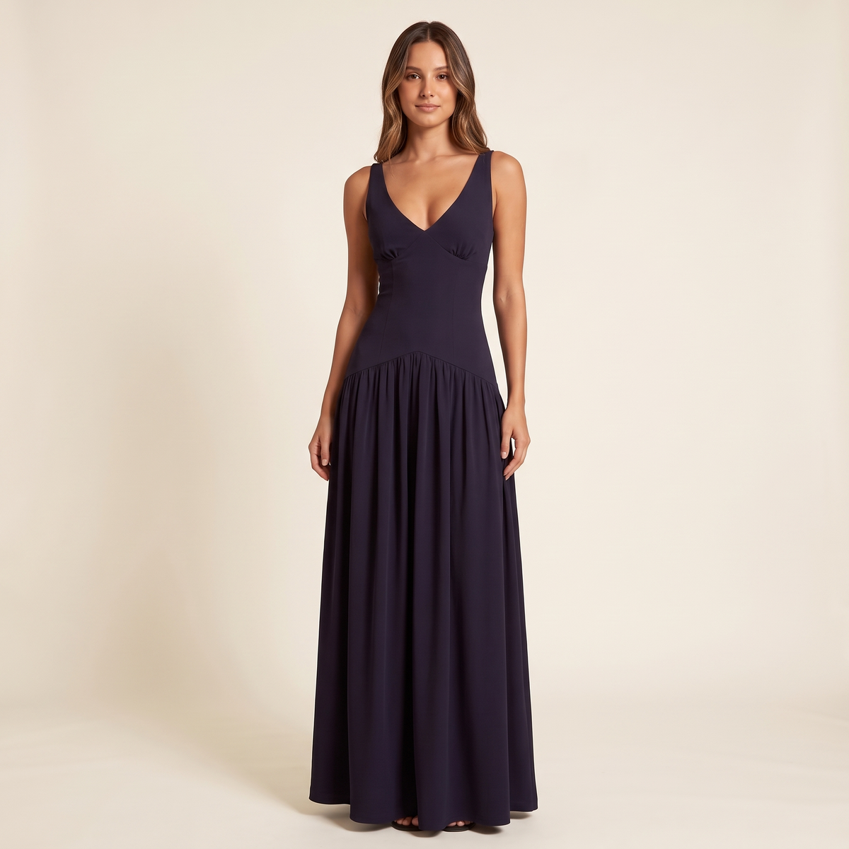Delia Drop Waist Crepe Maxi Dress – Navy – front view