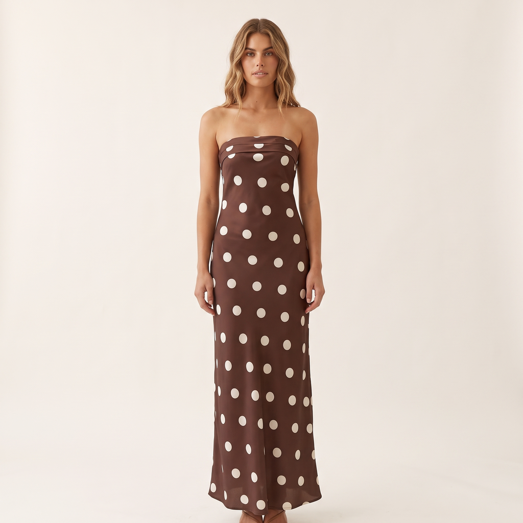 Domino Strapless Polka Dot Maxi Dress – Brown Polka Dot – front view