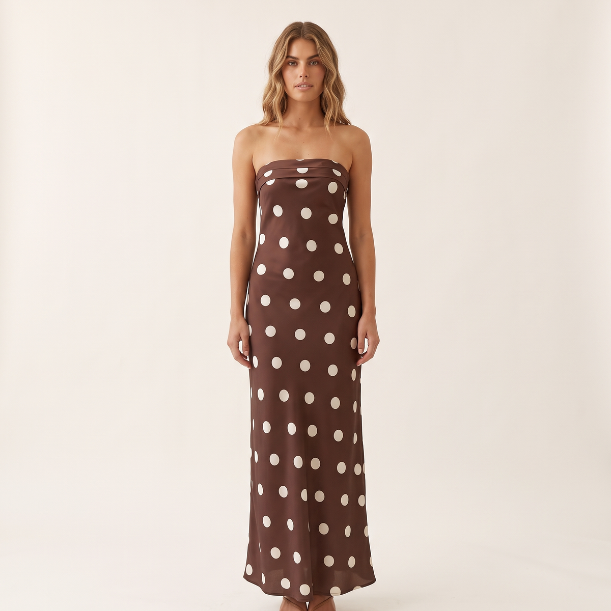 Domino Strapless Polka Dot Maxi Dress – Brown Polka Dot – front view