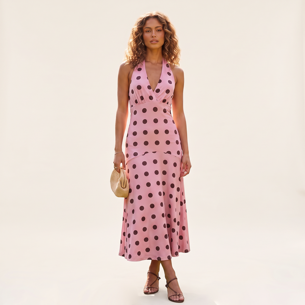 Dorothea Halter Neck Polka Dot Maxi Dress – Pink Dot – front view