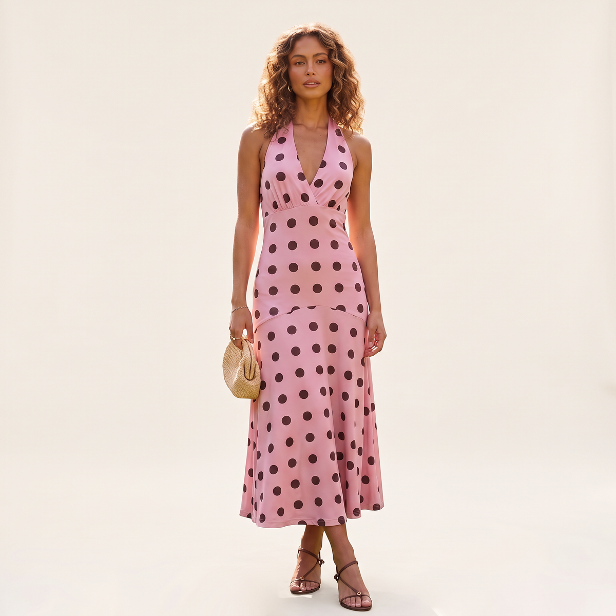 Dorothea Halter Neck Polka Dot Maxi Dress – Pink Dot – front view