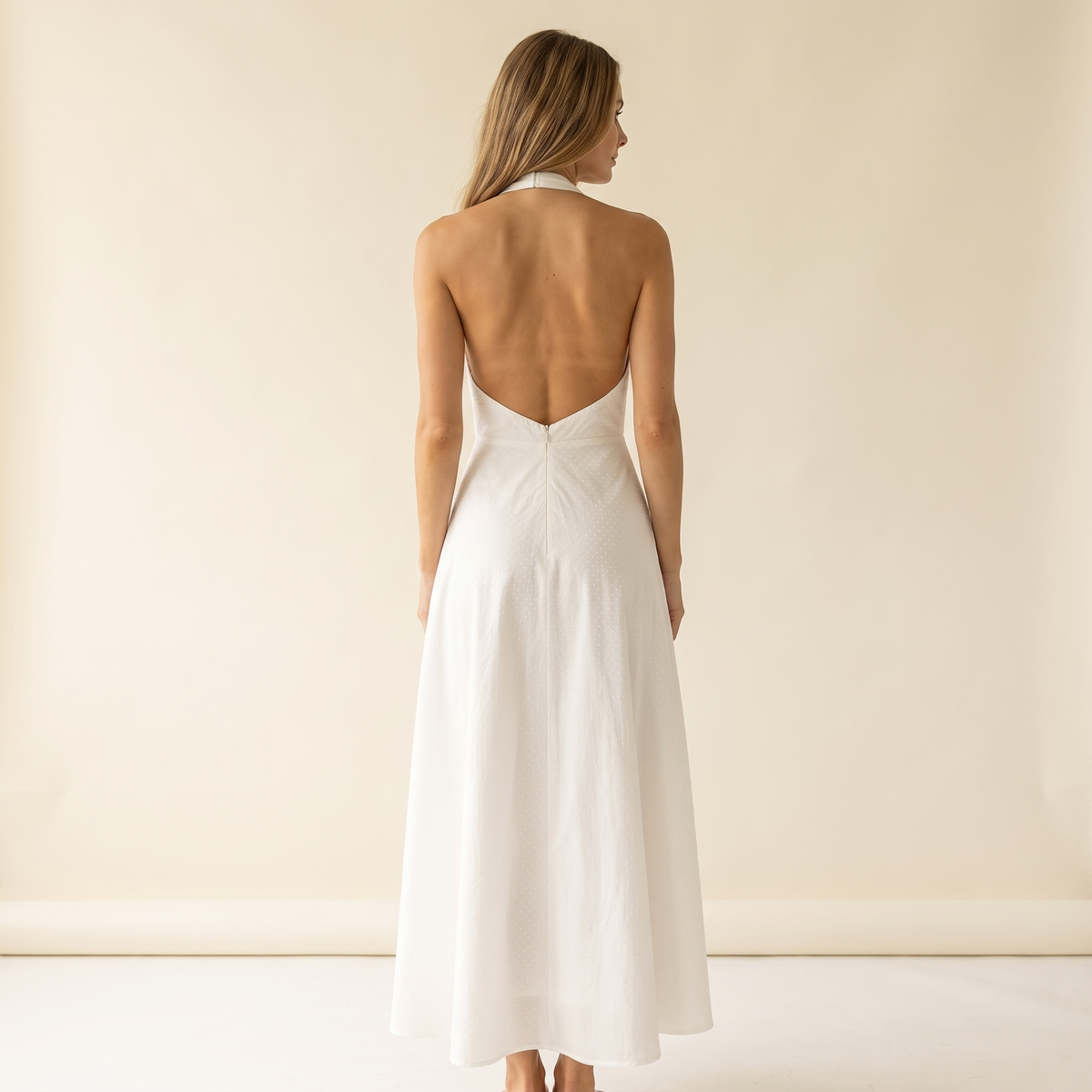 Dottie Halter Neck Backless Cotton Midi Dress – White Polka Dot – back view