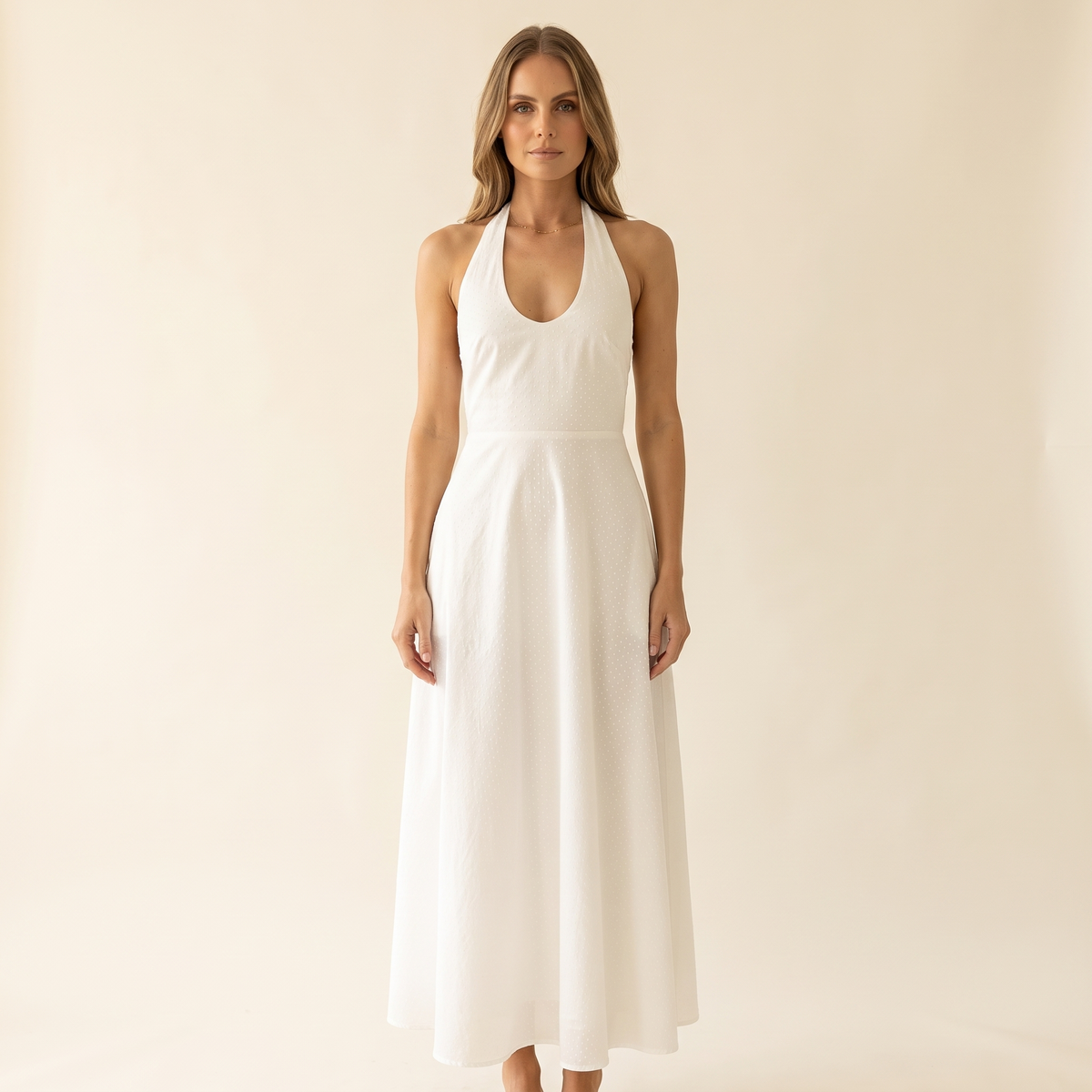 Dottie Halter Neck Backless Cotton Midi Dress – White Polka Dot – front view