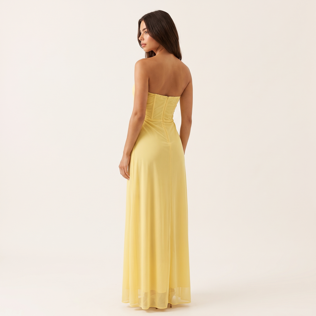 Elara Strapless Plunge Mesh Maxi Dress – Yellow – back view
