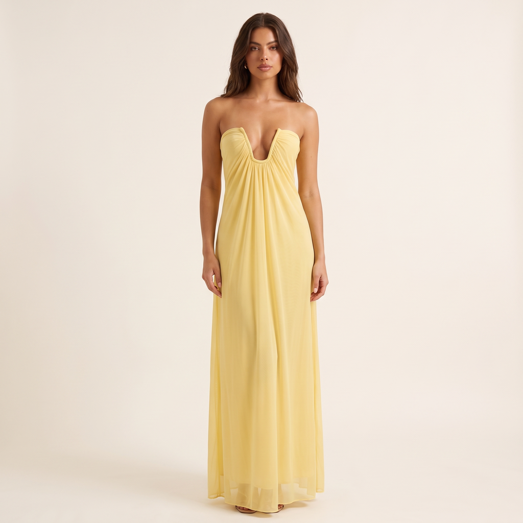 Elara Strapless Plunge Mesh Maxi Dress – Yellow – front view