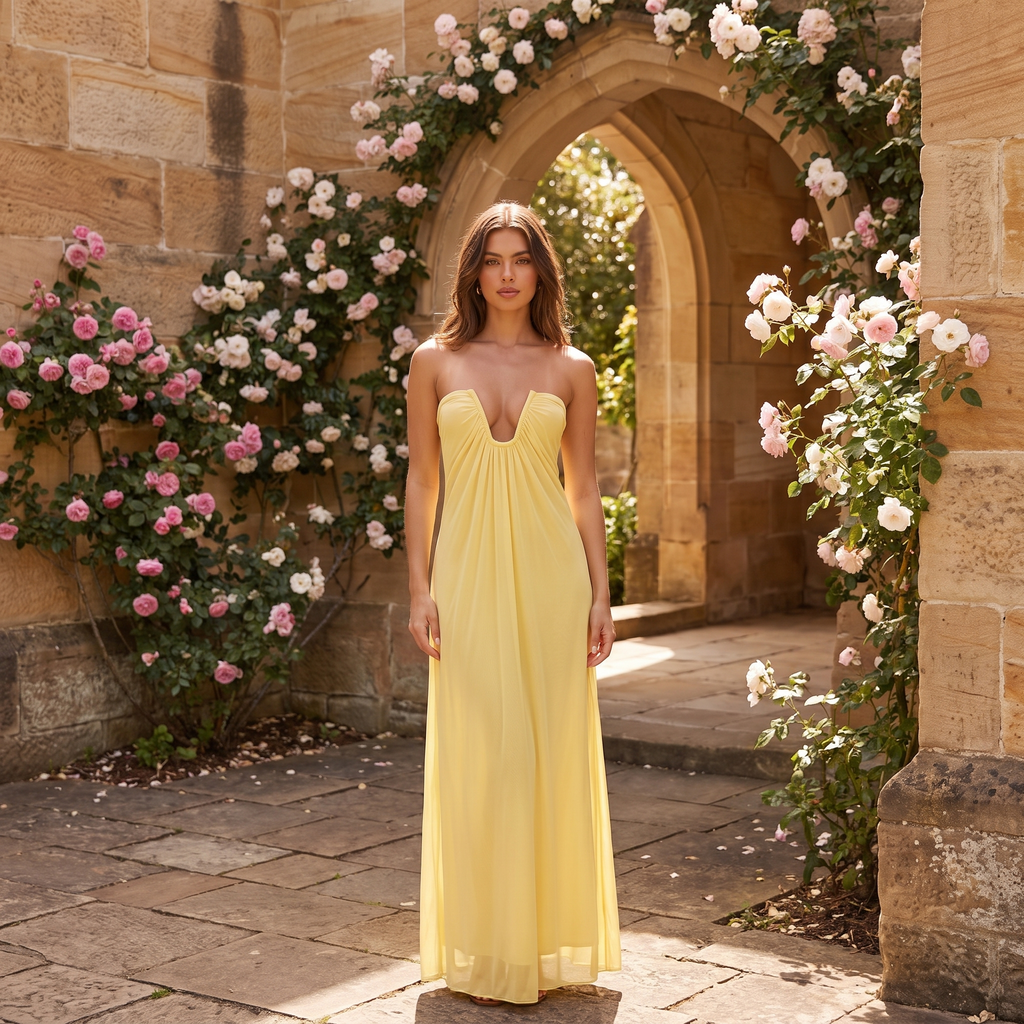 Elara Strapless Plunge Mesh Maxi Dress – Yellow – lifestyle