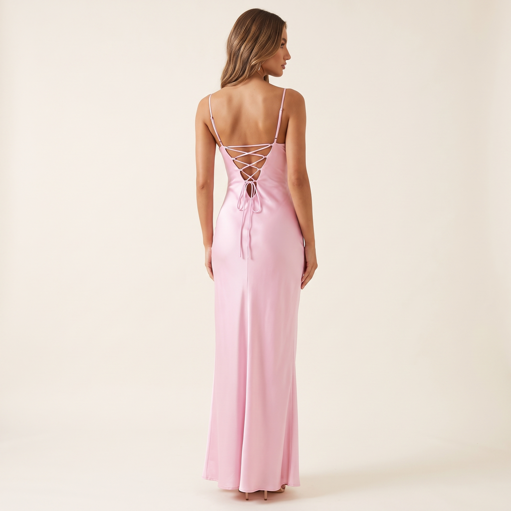 Elia Cowl Neck Satin Maxi Dress with Lace-Up Back – Pink – back view
