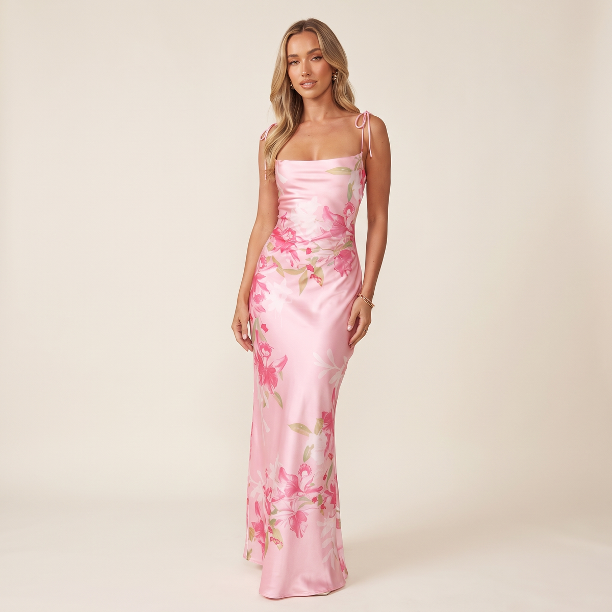 Elia Square Neck Cowl Satin Maxi Dress – Pink Floral – front view