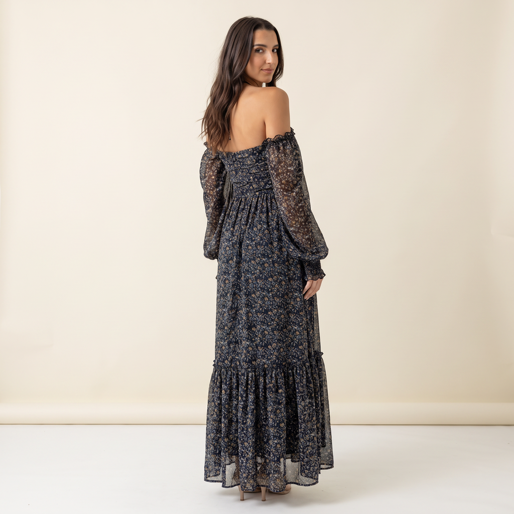 Eloise Square Neck Sheer Sleeve Maxi Dress – Navy Ditsy Floral – back view