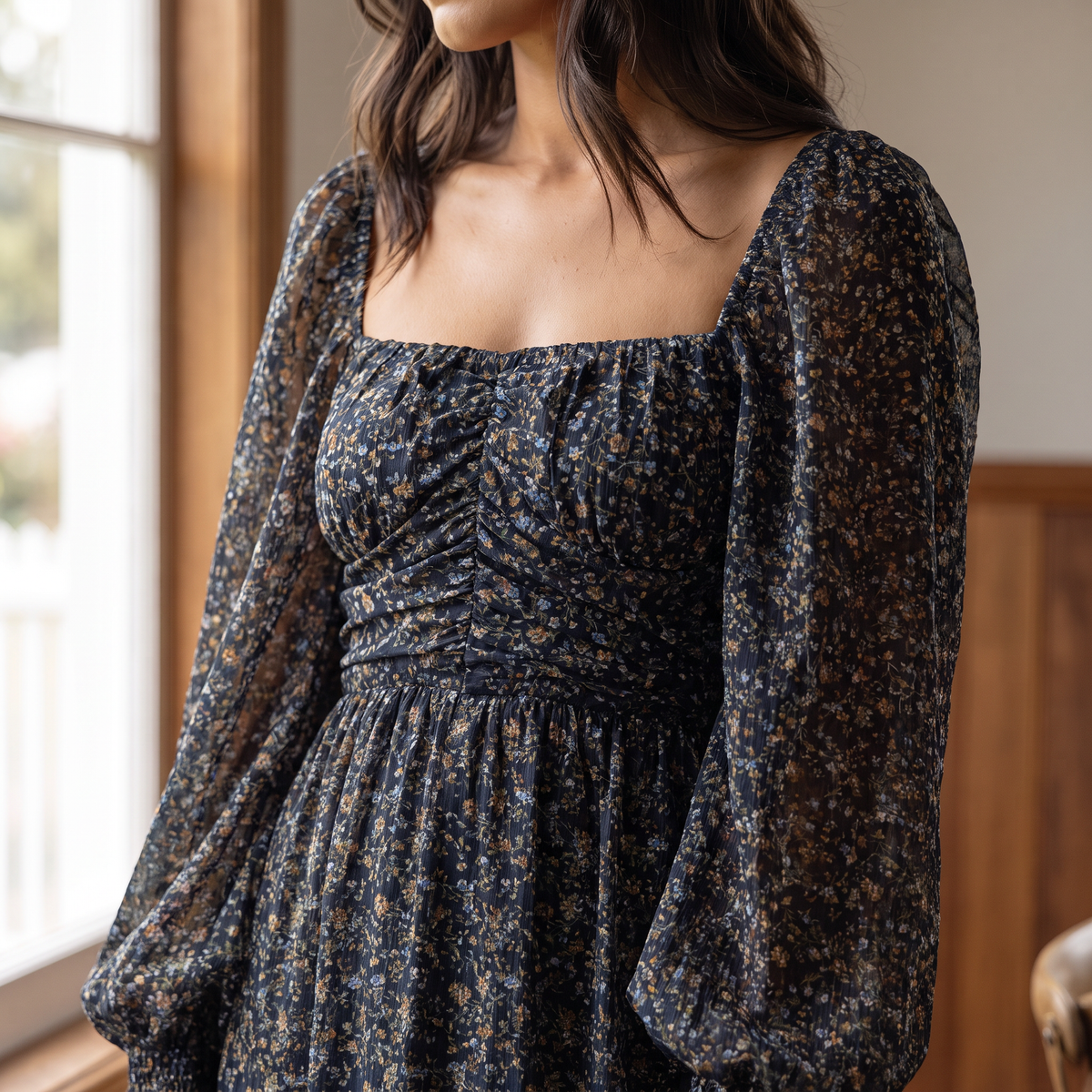 Eloise Square Neck Sheer Sleeve Maxi Dress – Navy Ditsy Floral – detail