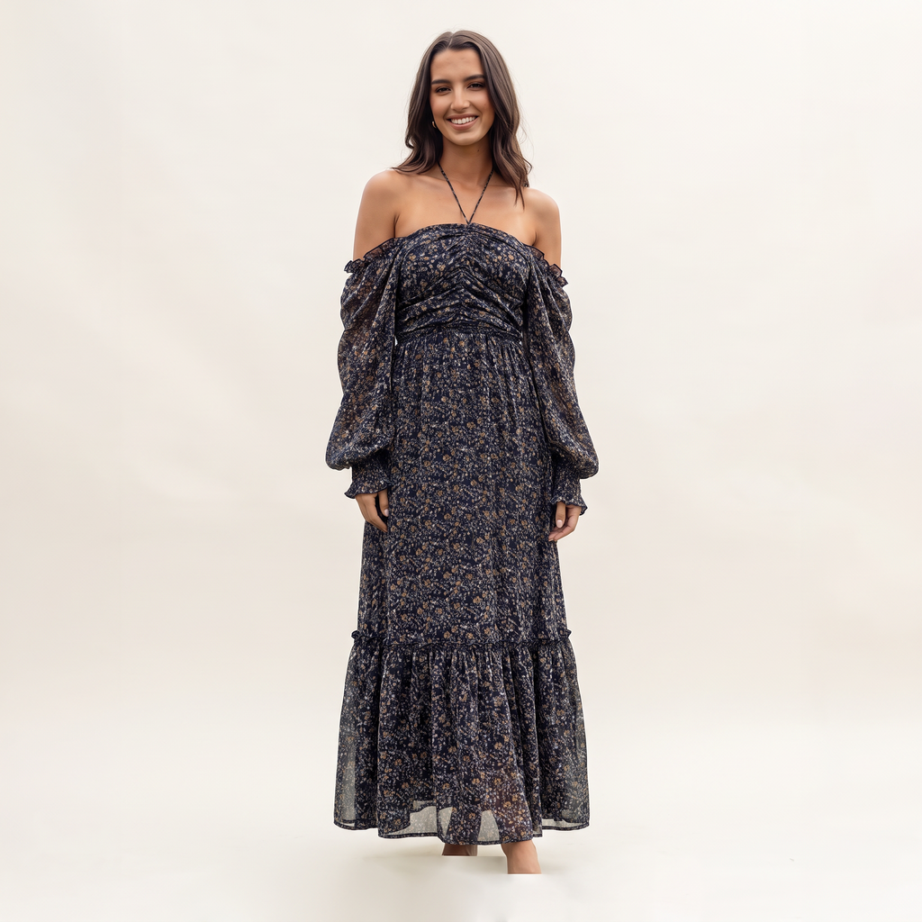 Eloise Square Neck Sheer Sleeve Maxi Dress – Navy Ditsy Floral – front view