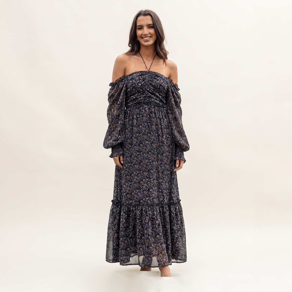 Eloise Square Neck Sheer Sleeve Maxi Dress – Navy Ditsy Floral – front view