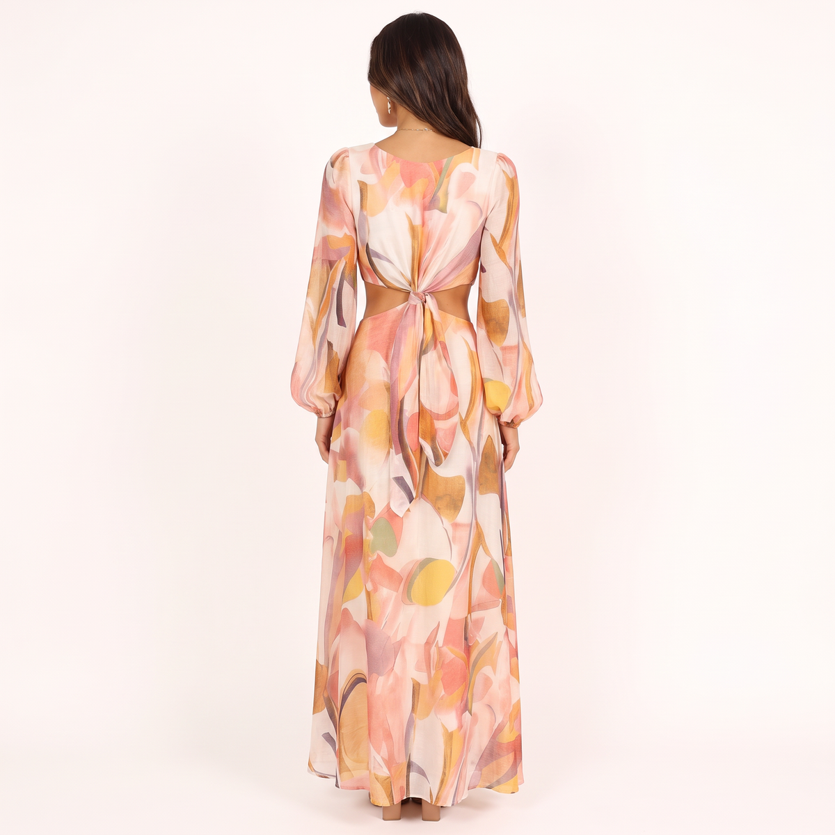 Esme Long Sleeve Tie Front Maxi Dress – Pink – back view