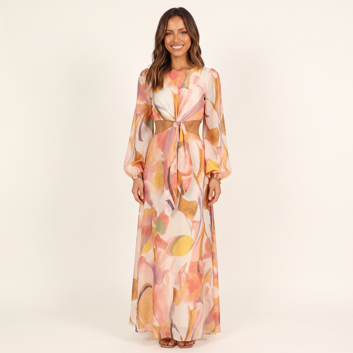 Esme Long Sleeve Tie Front Maxi Dress – Pink – front view