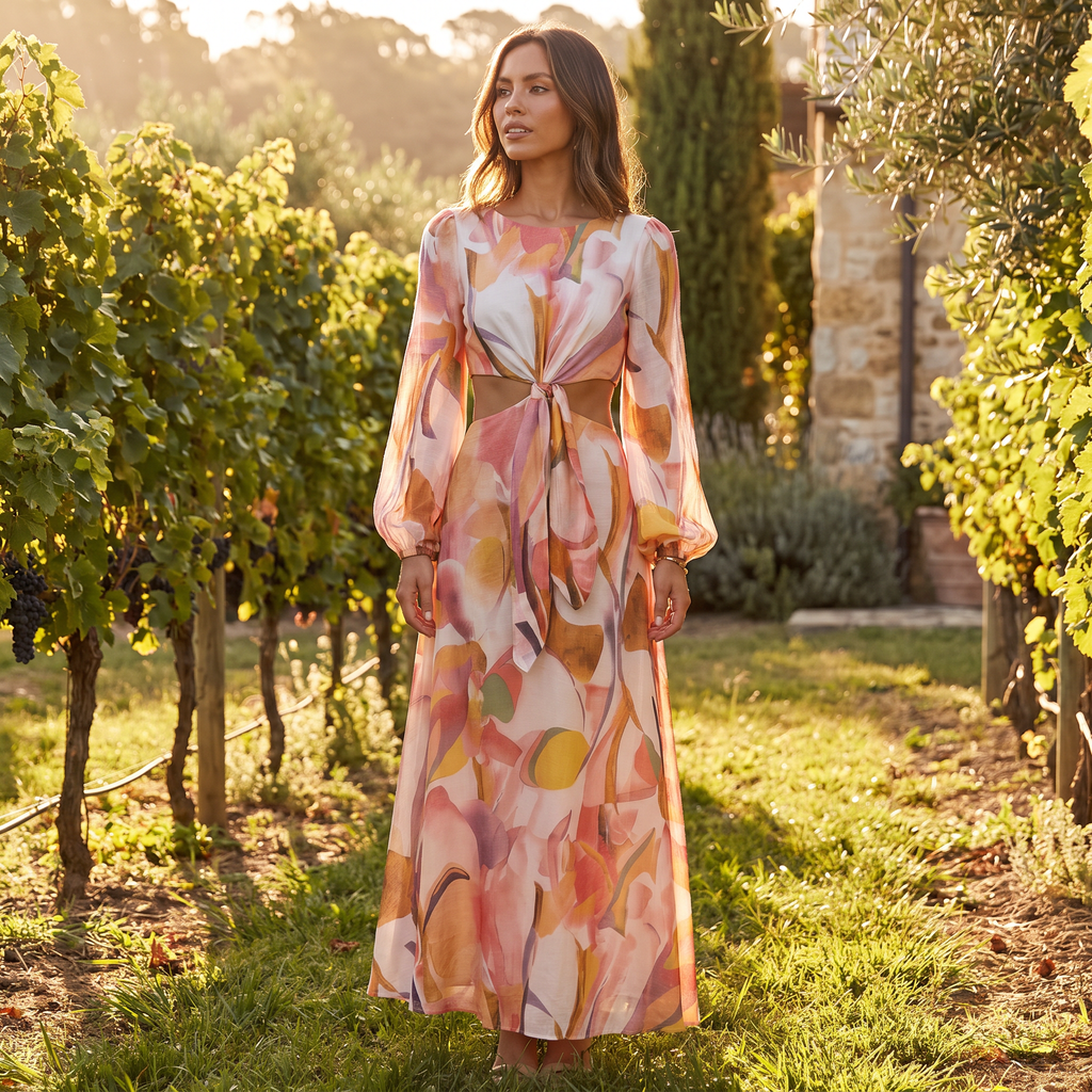 Esme Long Sleeve Tie Front Maxi Dress – Pink – lifestyle