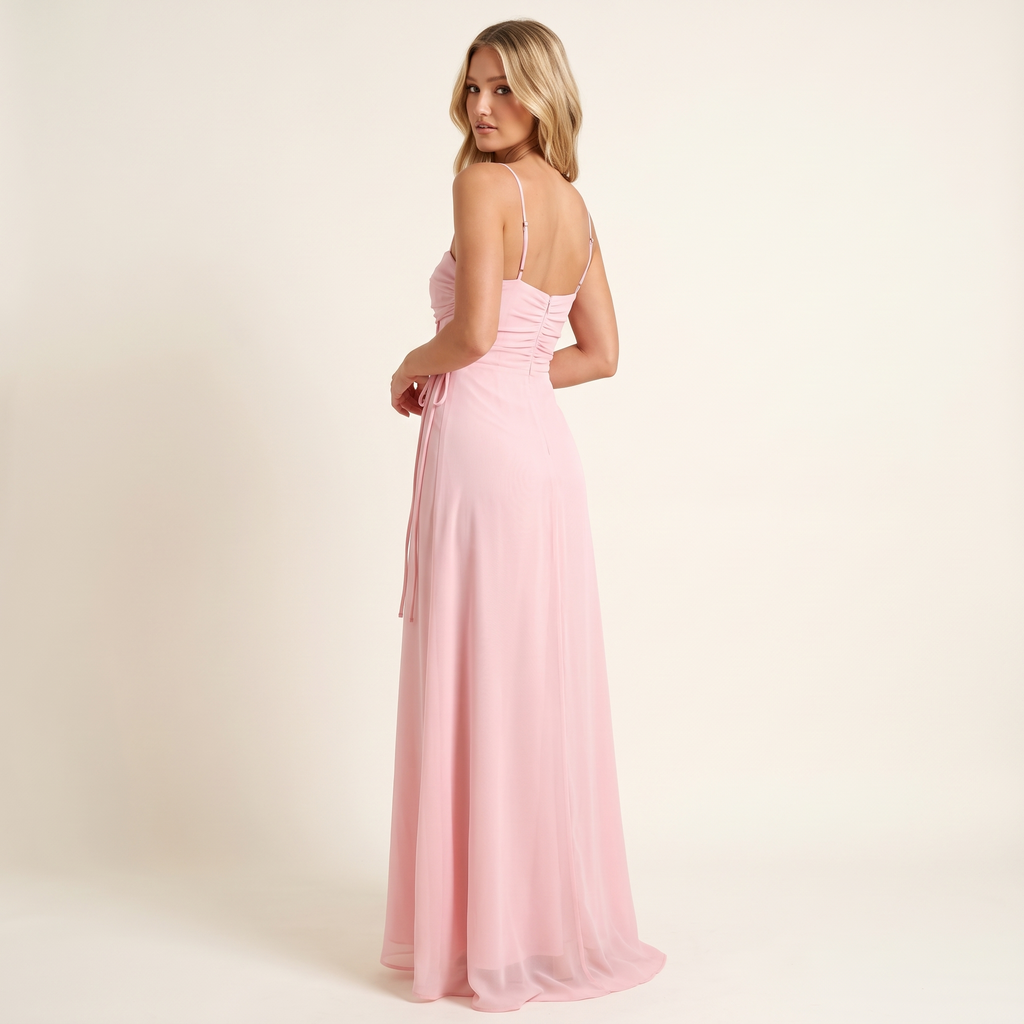 Evangelina Ruched Bust Chiffon Maxi Dress – Pink – back view