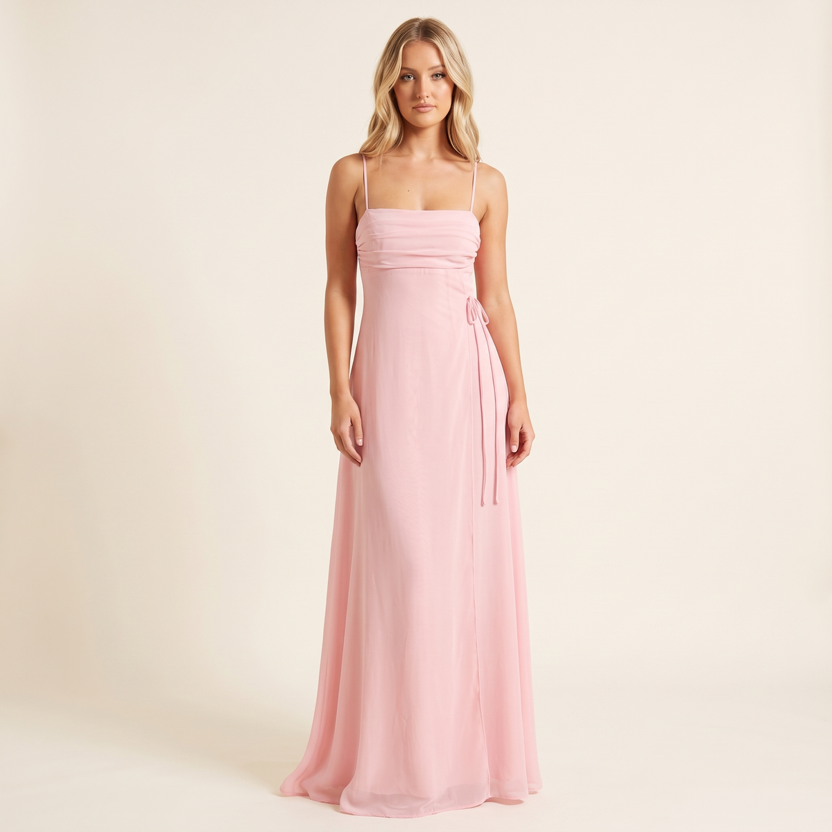 Evangelina Ruched Bust Chiffon Maxi Dress – Pink – front view