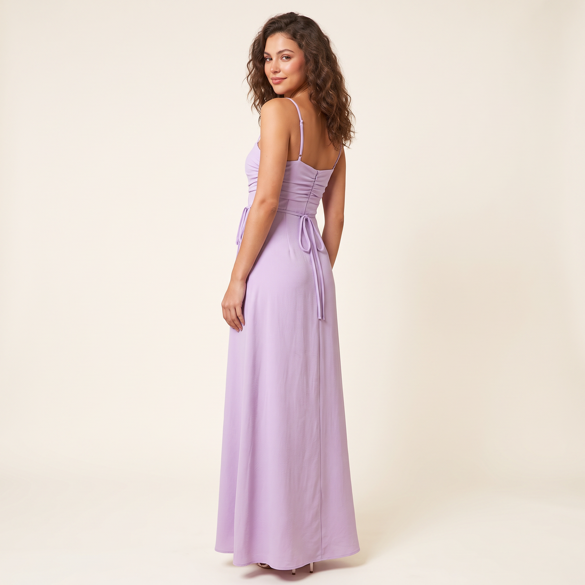 Evangelina Ruched Bust Tie Waist Maxi Dress – Lilac – back view