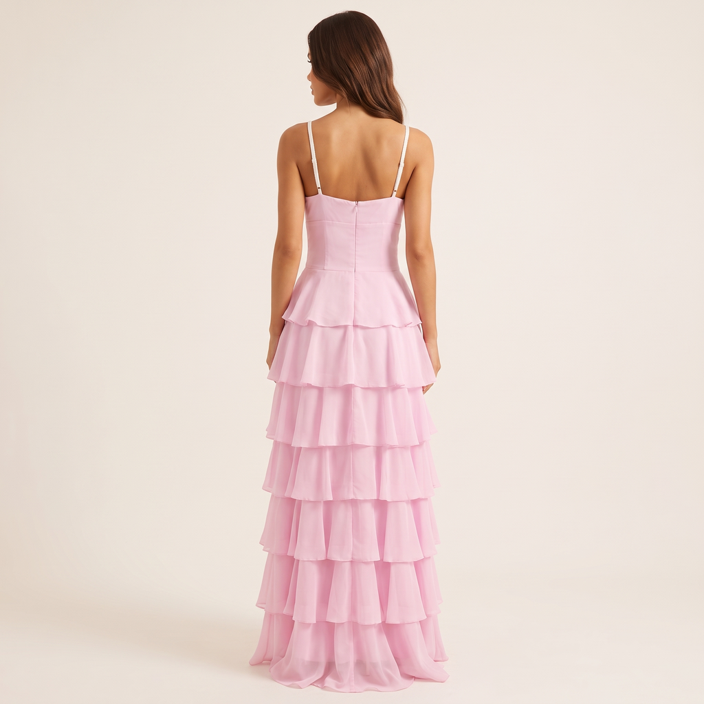 Felicienne Tiered Ruffle Chiffon Maxi Dress – Pink – back view