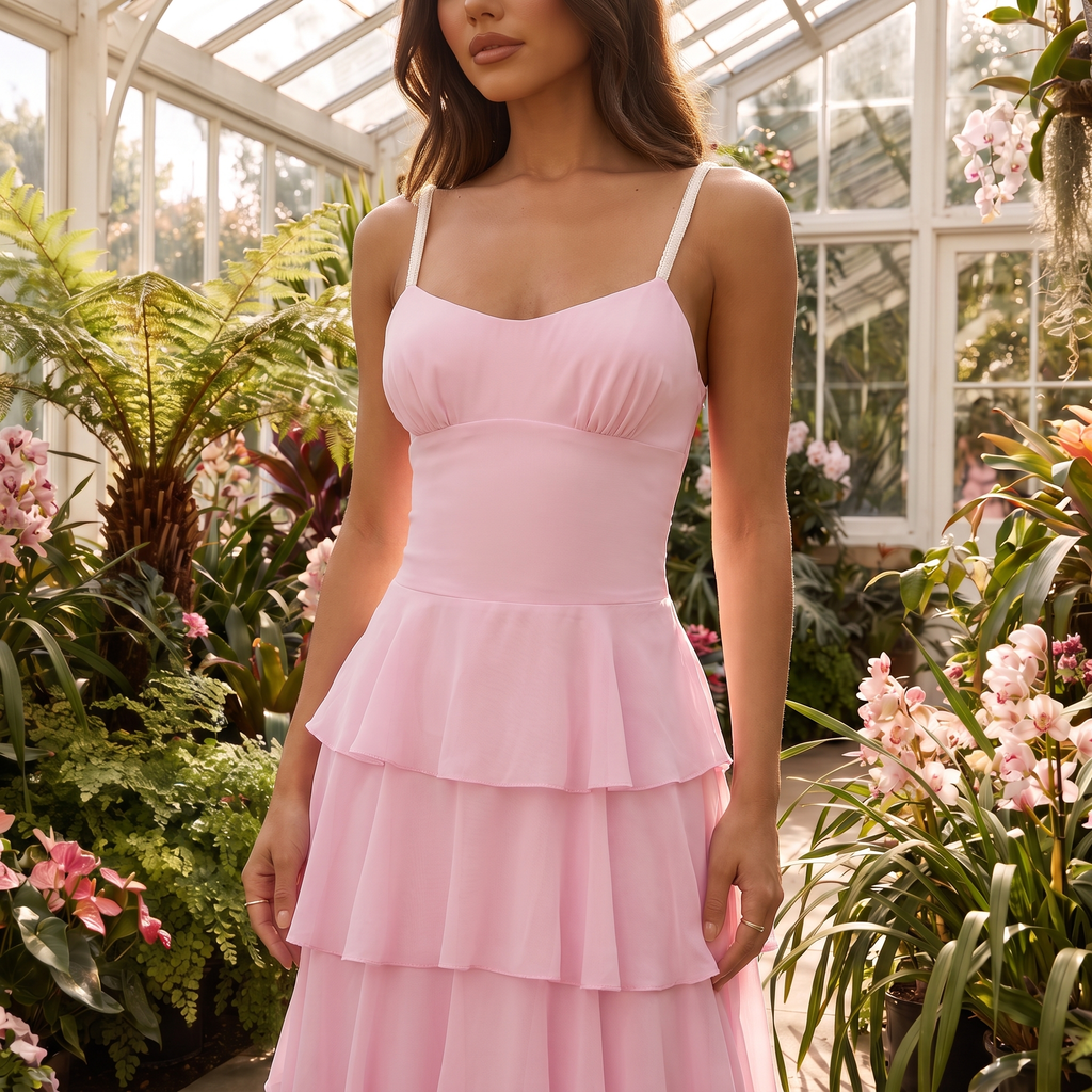 Felicienne Tiered Ruffle Chiffon Maxi Dress – Pink – detail