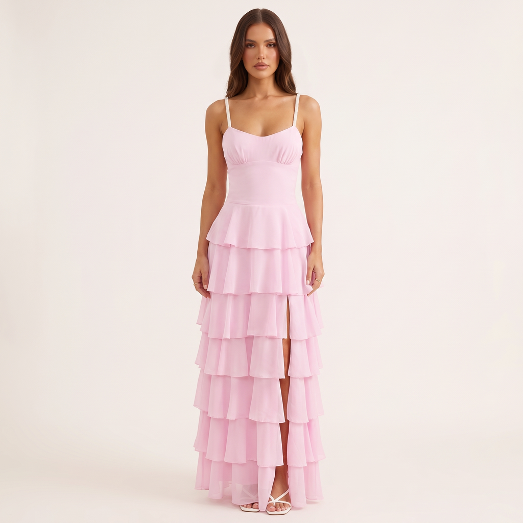 Felicienne Tiered Ruffle Chiffon Maxi Dress – Pink – front view