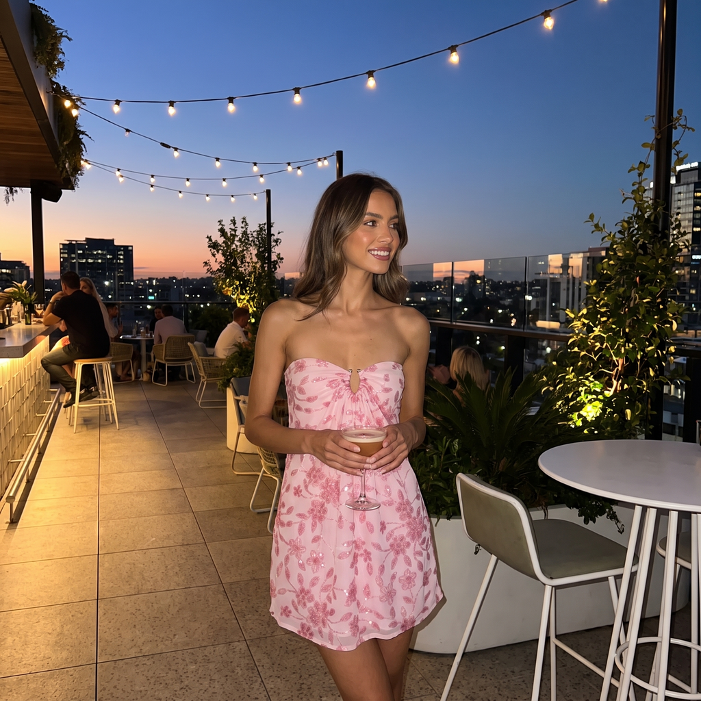 Fleurette Strapless Floral Sequin Mesh Mini Dress – Pink – lifestyle