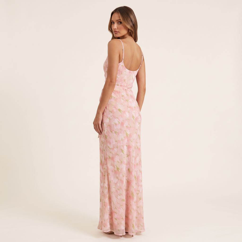 Florence Floral Chiffon Maxi Dress with Tie Waist – Pink Floral – back view