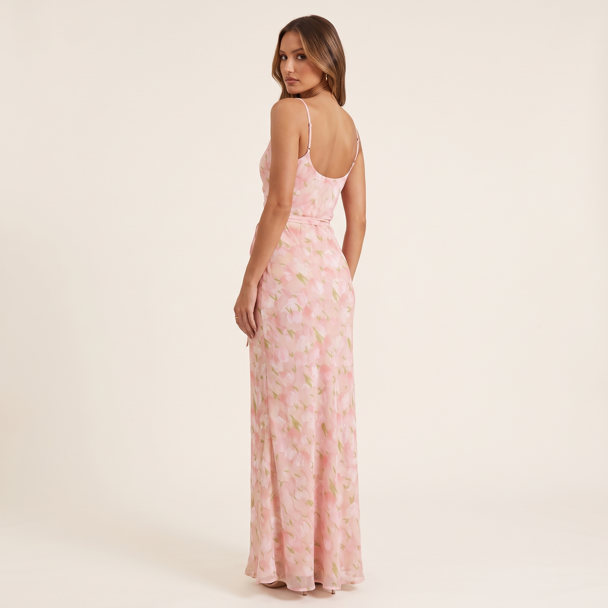 Florence Floral Chiffon Maxi Dress with Tie Waist – Pink Floral – back view