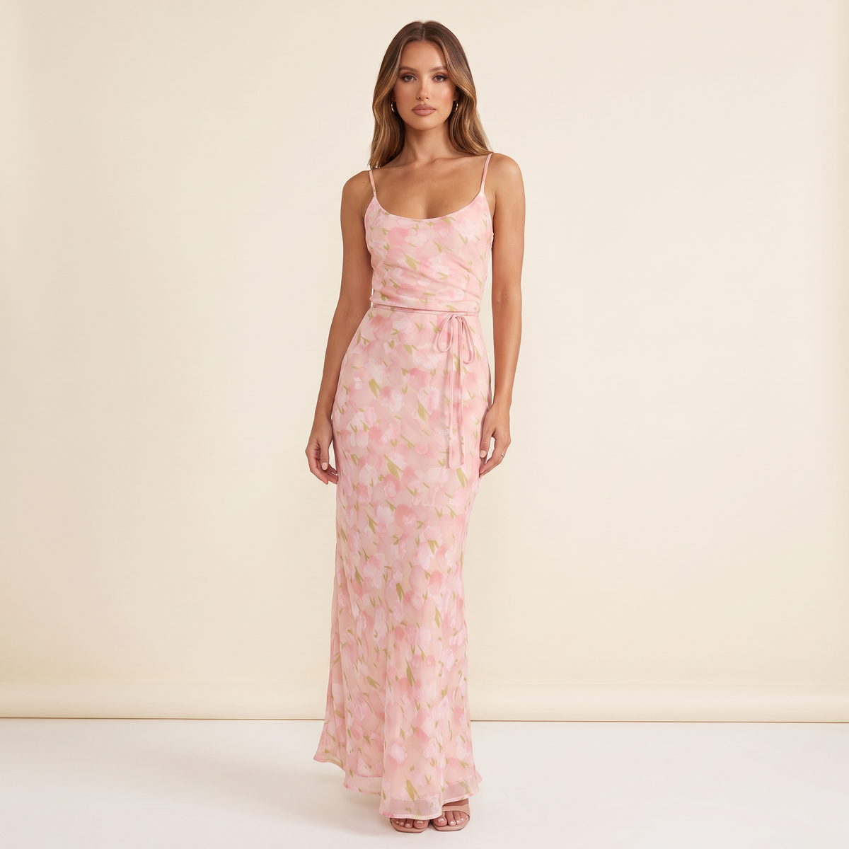 Florence Floral Chiffon Maxi Dress with Tie Waist – Pink Floral – front view
