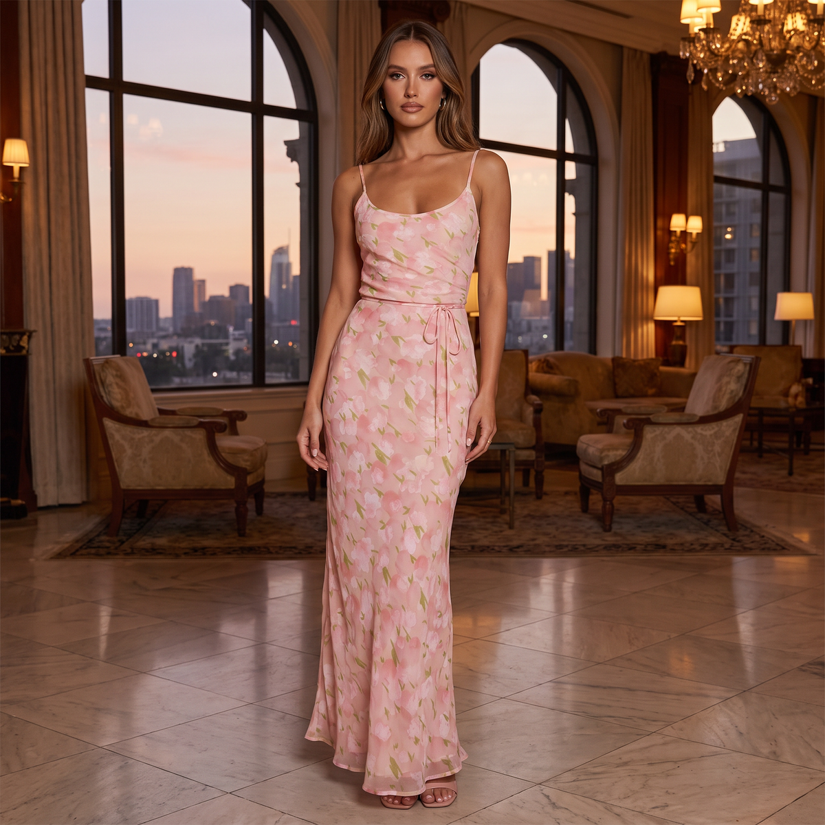 Florence Floral Chiffon Maxi Dress with Tie Waist – Pink Floral – lifestyle