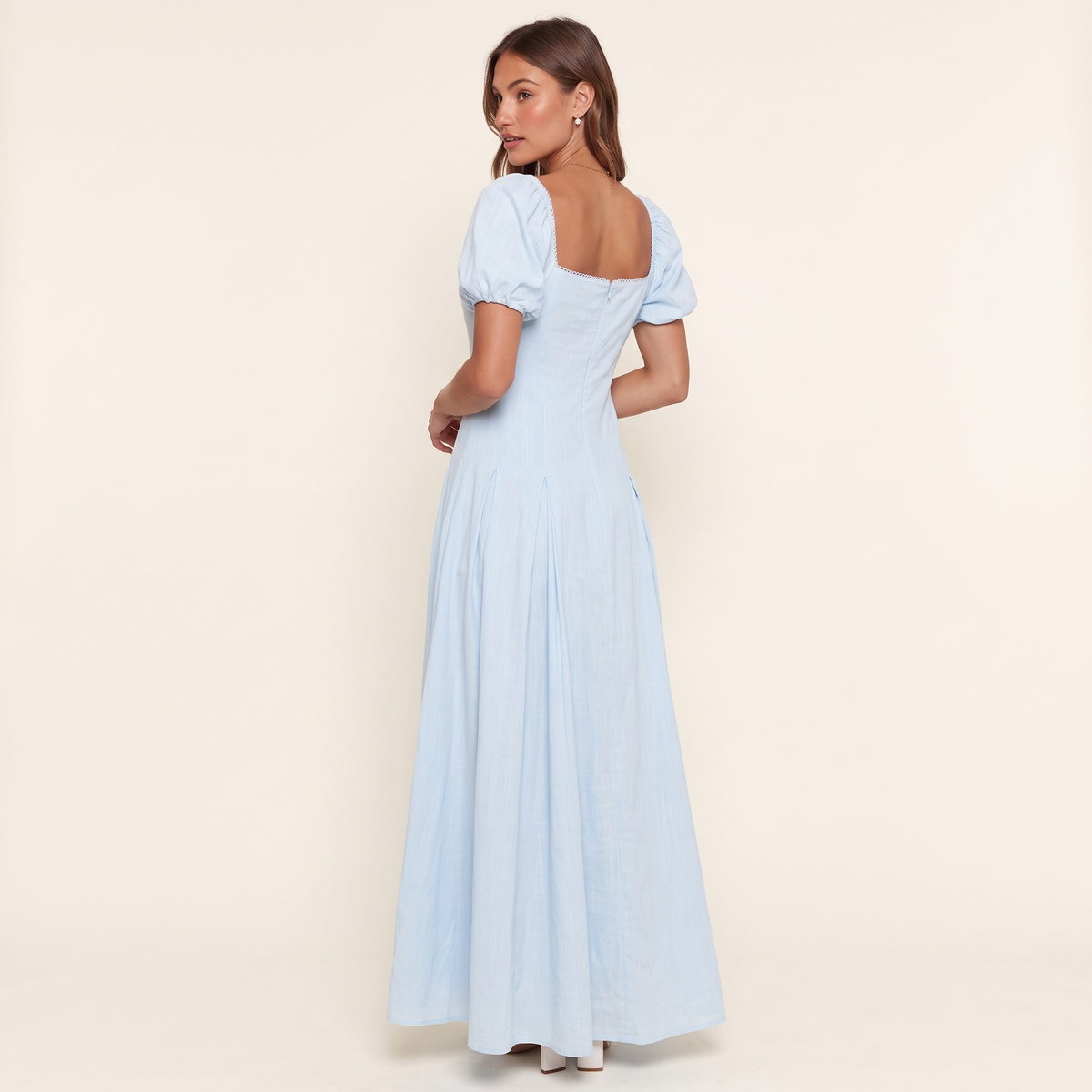 Florentia Square Neck Puff Sleeve Maxi Dress – Baby Blue – back view