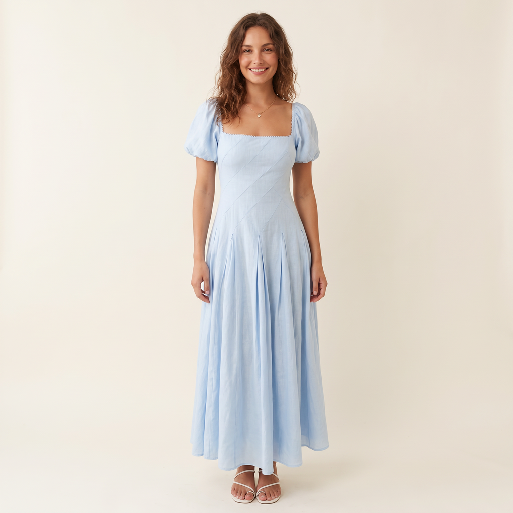 Florentia Square Neck Puff Sleeve Maxi Dress – Baby Blue – front view