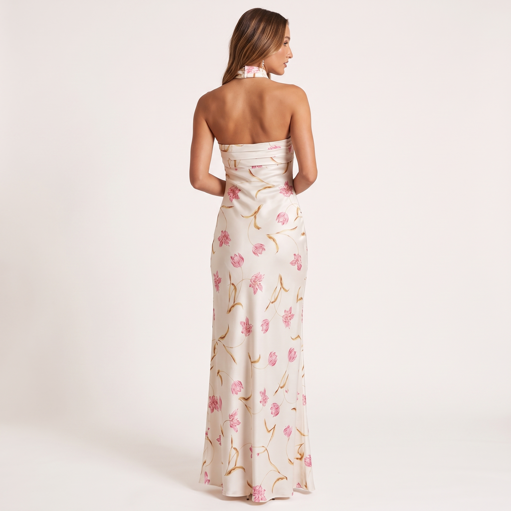 Florentine Strapless Floral Satin Maxi Dress with Scarf – Cream – back view