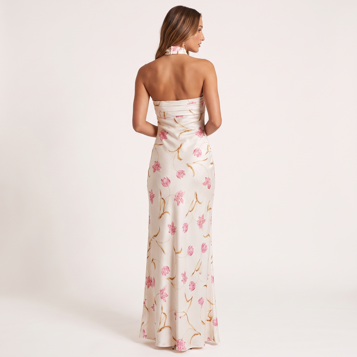 Florentine Strapless Floral Satin Maxi Dress with Scarf – Cream – back view
