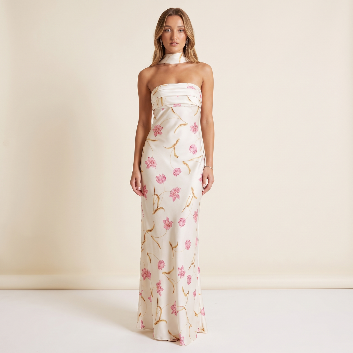 Florentine Strapless Floral Satin Maxi Dress with Scarf – Cream – front view