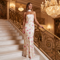 Florentine Strapless Floral Satin Maxi Dress with Scarf – Cream – lifestyle