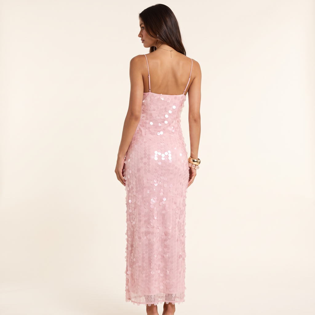 Gabriella Keyhole Sequin Maxi Dress – Pink – back view
