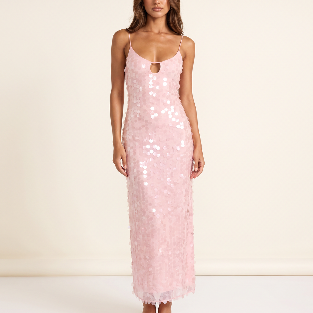 Gabriella Keyhole Sequin Maxi Dress – Pink – front view