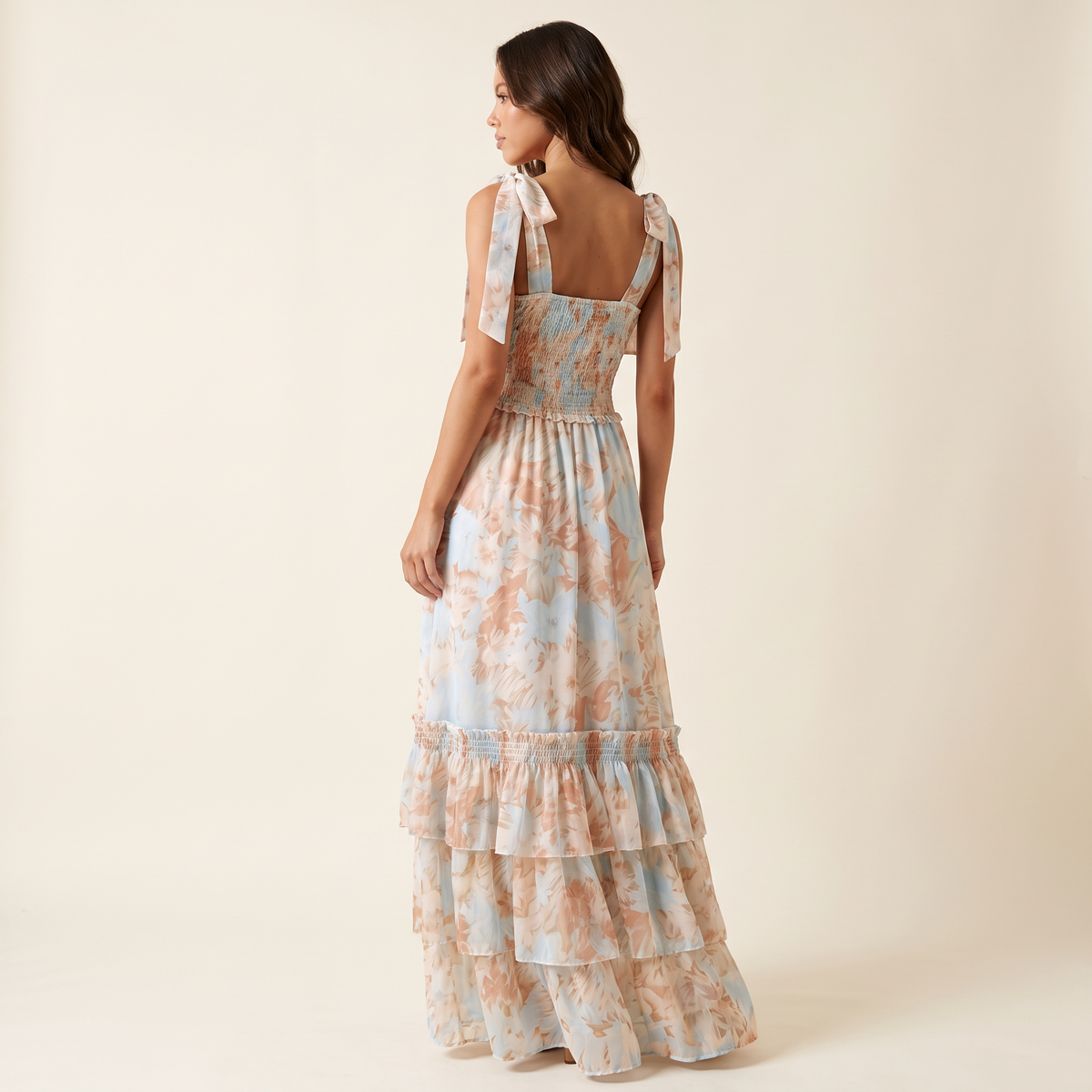 Genevieve Tiered Floral Maxi Dress with Tie Straps – Blue Floral – back view