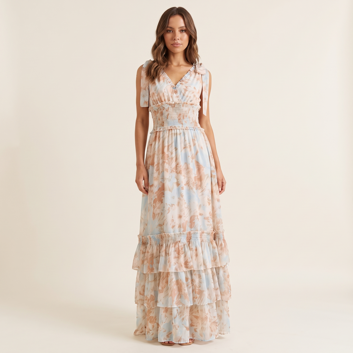 Genevieve Tiered Floral Maxi Dress with Tie Straps – Blue Floral – front view