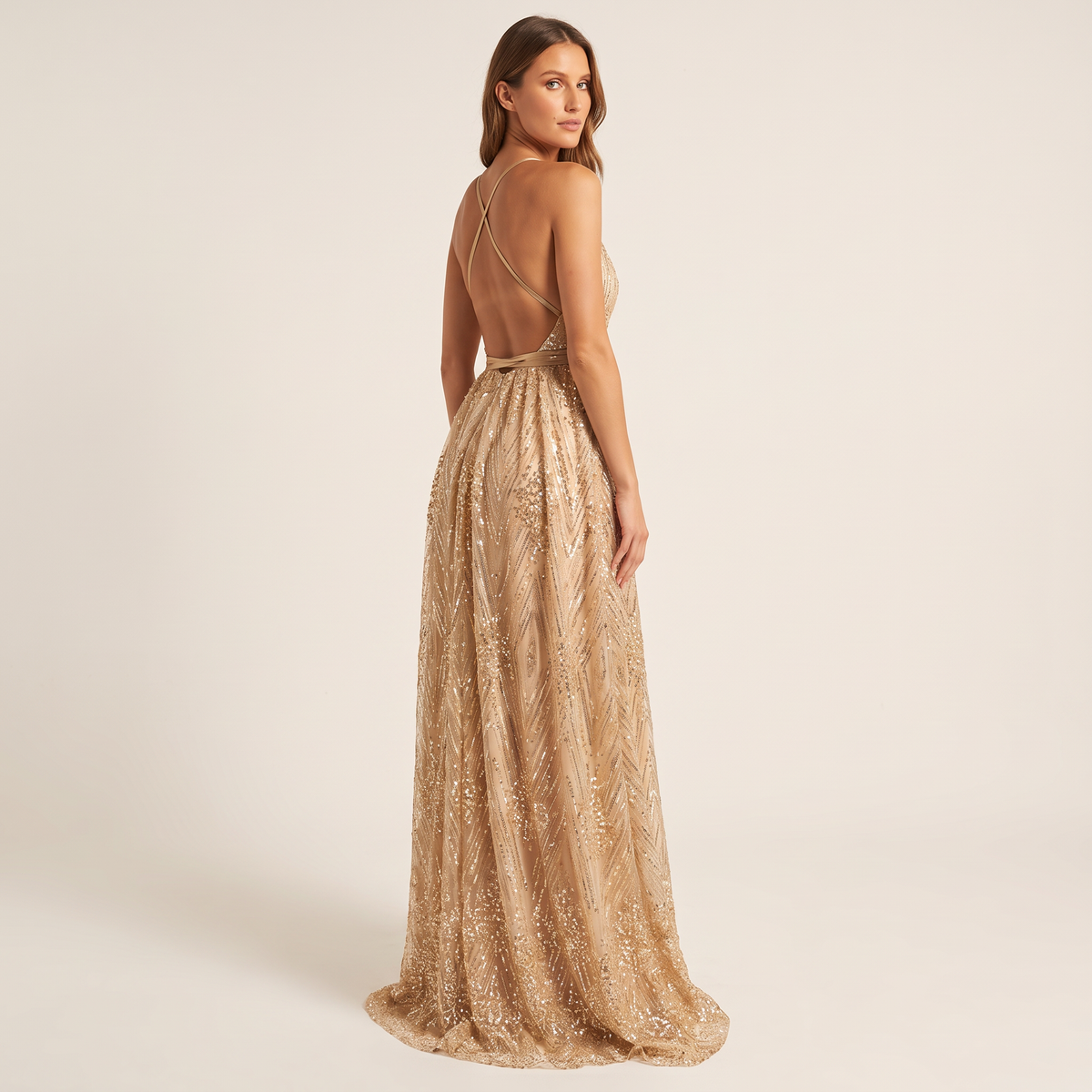 Gilda Plunge Cross Back Sequin Maxi Dress – Gold – back view