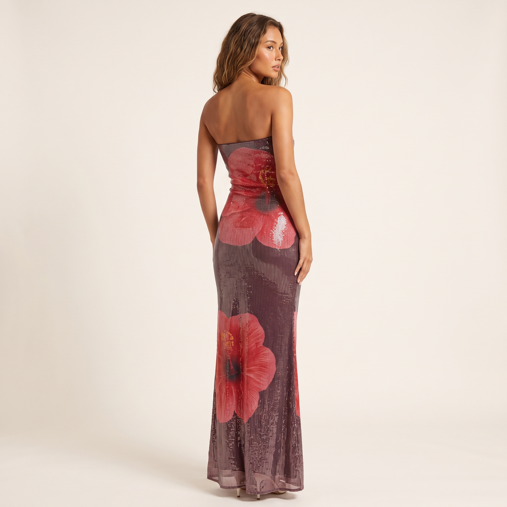 Hanalei Strapless Print Sequin Maxi Dress – Wine – back view